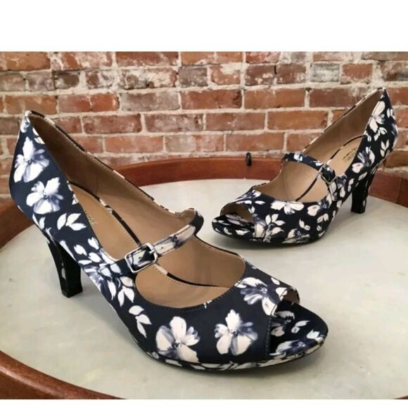 BRAND NEW NATURALIZER N5 NAVY BLUE FLORAL IRIS OPEN TOE MARY JANE COMFORT PUMP - Picture 7 of 15